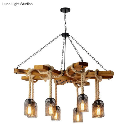 Rustic Caged Dining Room Chandelier Pendant with Retro Metallic Finish - 3/6/8 Lights & Wooden Ceiling Lamp Rope Included