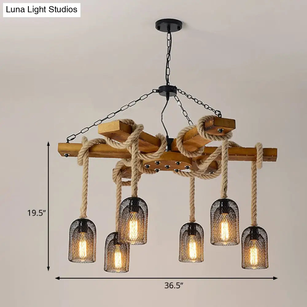 Rustic Caged Dining Room Chandelier Pendant with Retro Metallic Finish - 3/6/8 Lights & Wooden Ceiling Lamp Rope Included