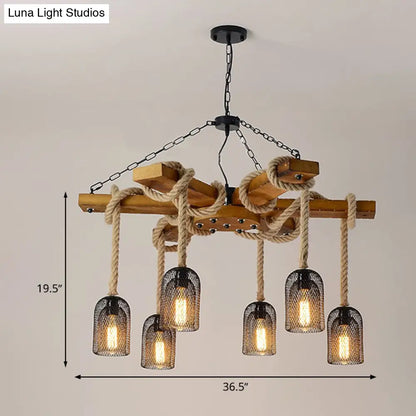 Rustic Caged Dining Room Chandelier Pendant with Retro Metallic Finish - 3/6/8 Lights & Wooden Ceiling Lamp Rope Included