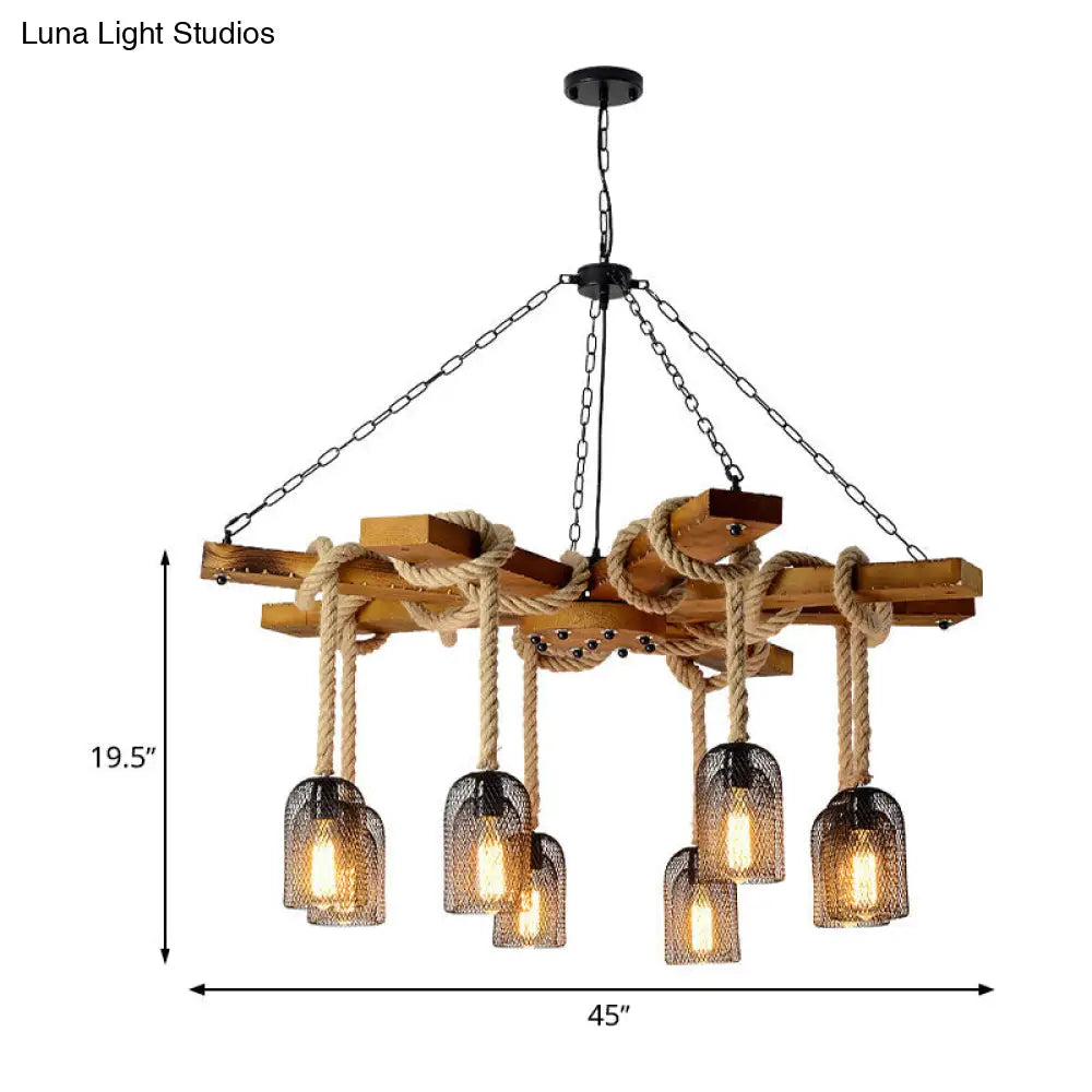 Rustic Caged Dining Room Chandelier Pendant with Retro Metallic Finish - 3/6/8 Lights & Wooden Ceiling Lamp Rope Included