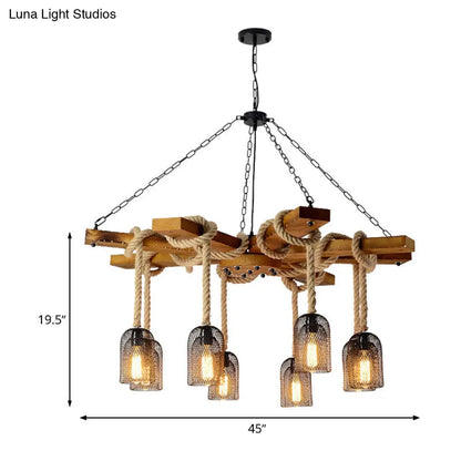 Rustic Caged Dining Room Chandelier Pendant with Retro Metallic Finish - 3/6/8 Lights & Wooden Ceiling Lamp Rope Included