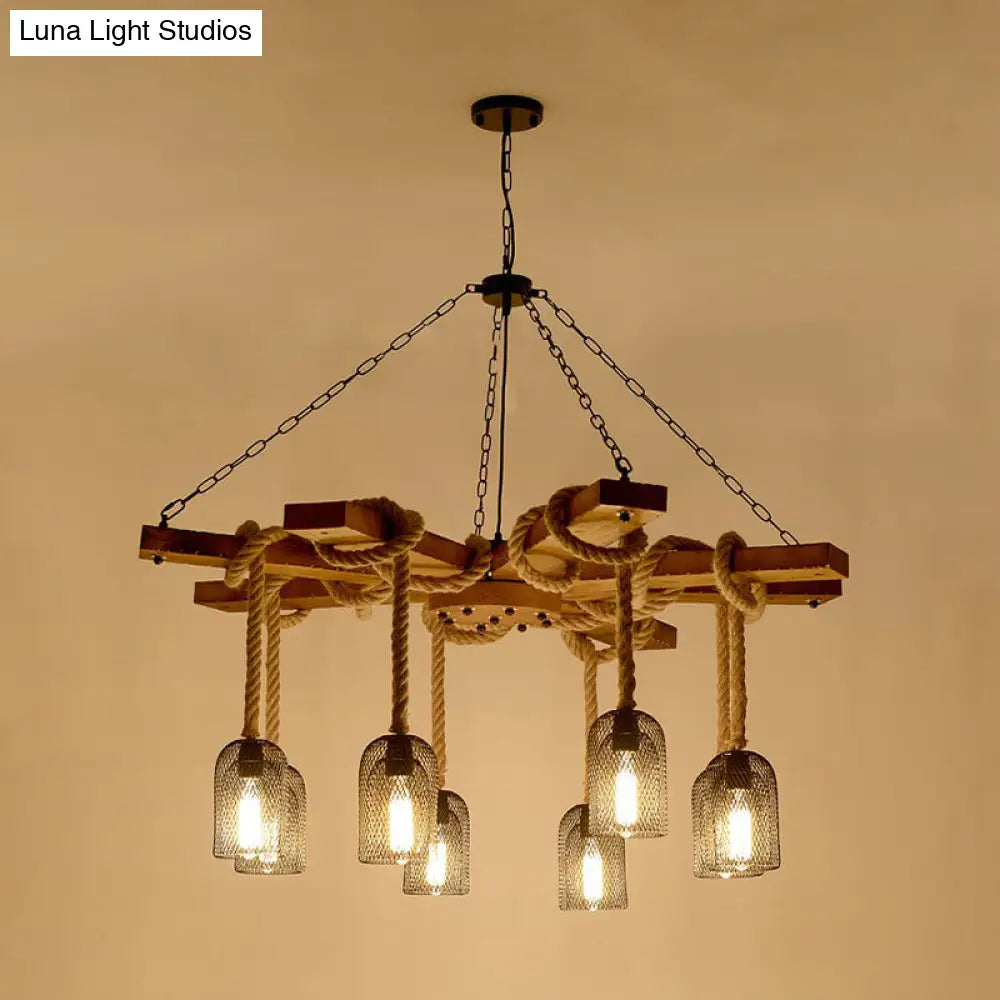 Rustic Caged Dining Room Chandelier Pendant with Retro Metallic Finish - 3/6/8 Lights & Wooden Ceiling Lamp Rope Included