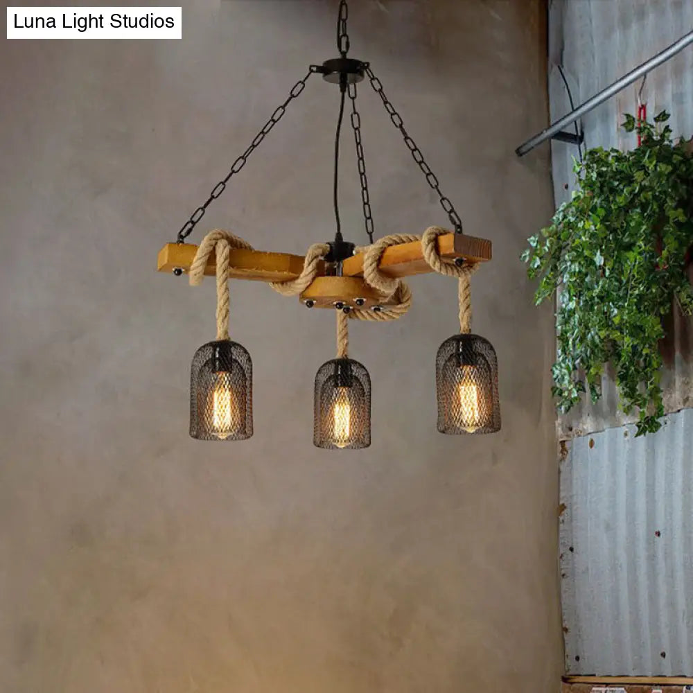 Rustic Caged Dining Room Chandelier Pendant with Retro Metallic Finish - 3/6/8 Lights & Wooden Ceiling Lamp Rope Included