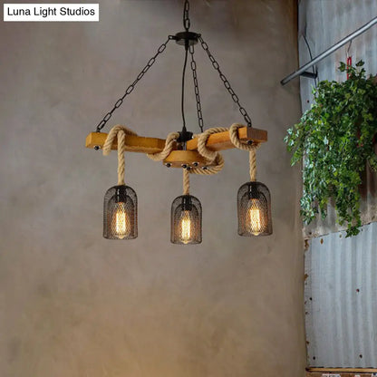 Rustic Caged Dining Room Chandelier Pendant with Retro Metallic Finish - 3/6/8 Lights & Wooden Ceiling Lamp Rope Included