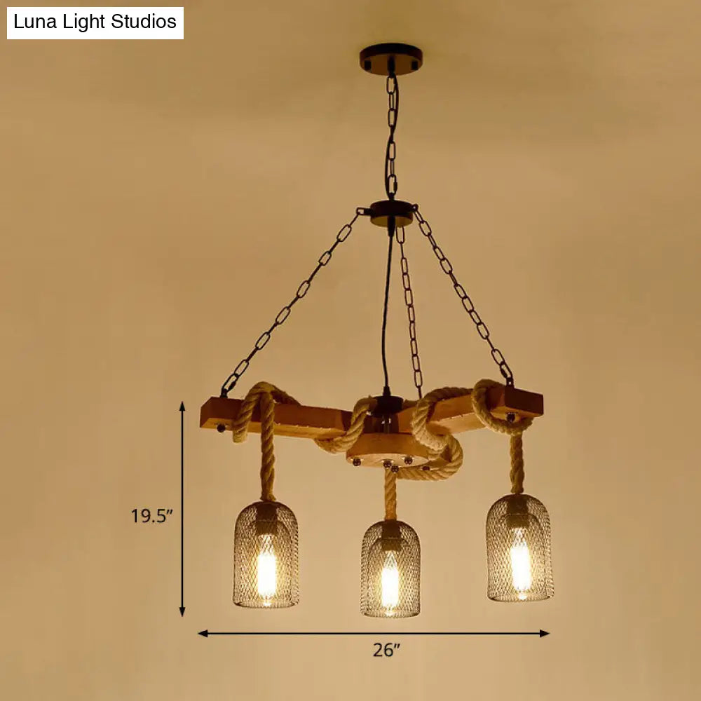 Rustic Caged Dining Room Chandelier Pendant with Retro Metallic Finish - 3/6/8 Lights & Wooden Ceiling Lamp Rope Included
