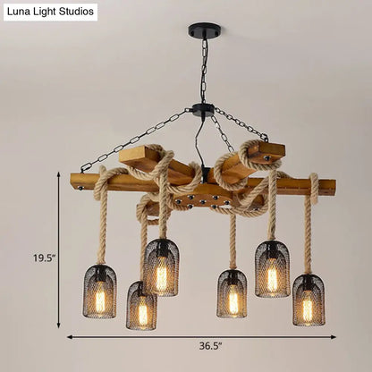 Rustic Caged Dining Room Chandelier Pendant with Retro Metallic Finish - 3/6/8 Lights & Wooden Ceiling Lamp Rope Included
