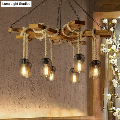 Rustic Caged Dining Room Chandelier Pendant with Retro Metallic Finish - 3/6/8 Lights & Wooden Ceiling Lamp Rope Included