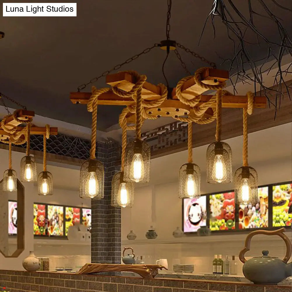 Rustic Caged Dining Room Chandelier Pendant with Retro Metallic Finish - 3/6/8 Lights & Wooden Ceiling Lamp Rope Included