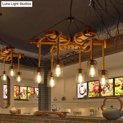 Rustic Caged Dining Room Chandelier Pendant with Retro Metallic Finish - 3/6/8 Lights & Wooden Ceiling Lamp Rope Included