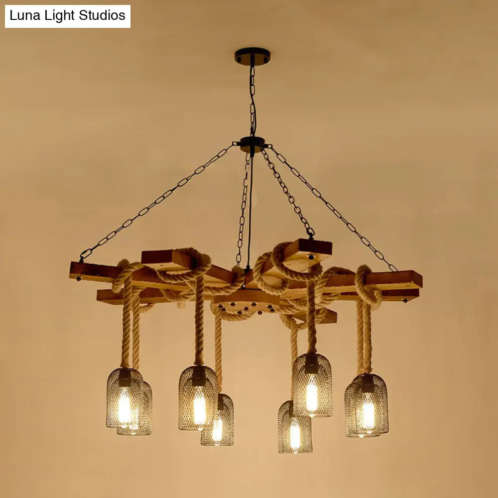 Rustic Caged Dining Room Chandelier Pendant with Retro Metallic Finish - 3/6/8 Lights & Wooden Ceiling Lamp Rope Included