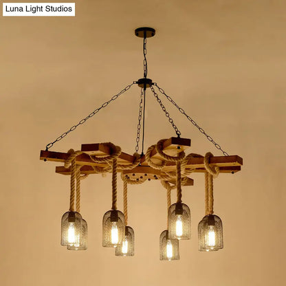 Rustic Caged Dining Room Chandelier Pendant with Retro Metallic Finish - 3/6/8 Lights & Wooden Ceiling Lamp Rope Included