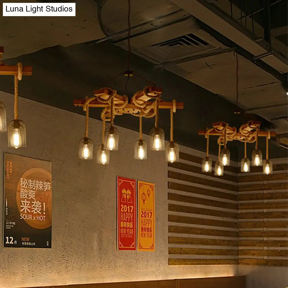 Rustic Caged Dining Room Chandelier Pendant with Retro Metallic Finish - 3/6/8 Lights & Wooden Ceiling Lamp Rope Included