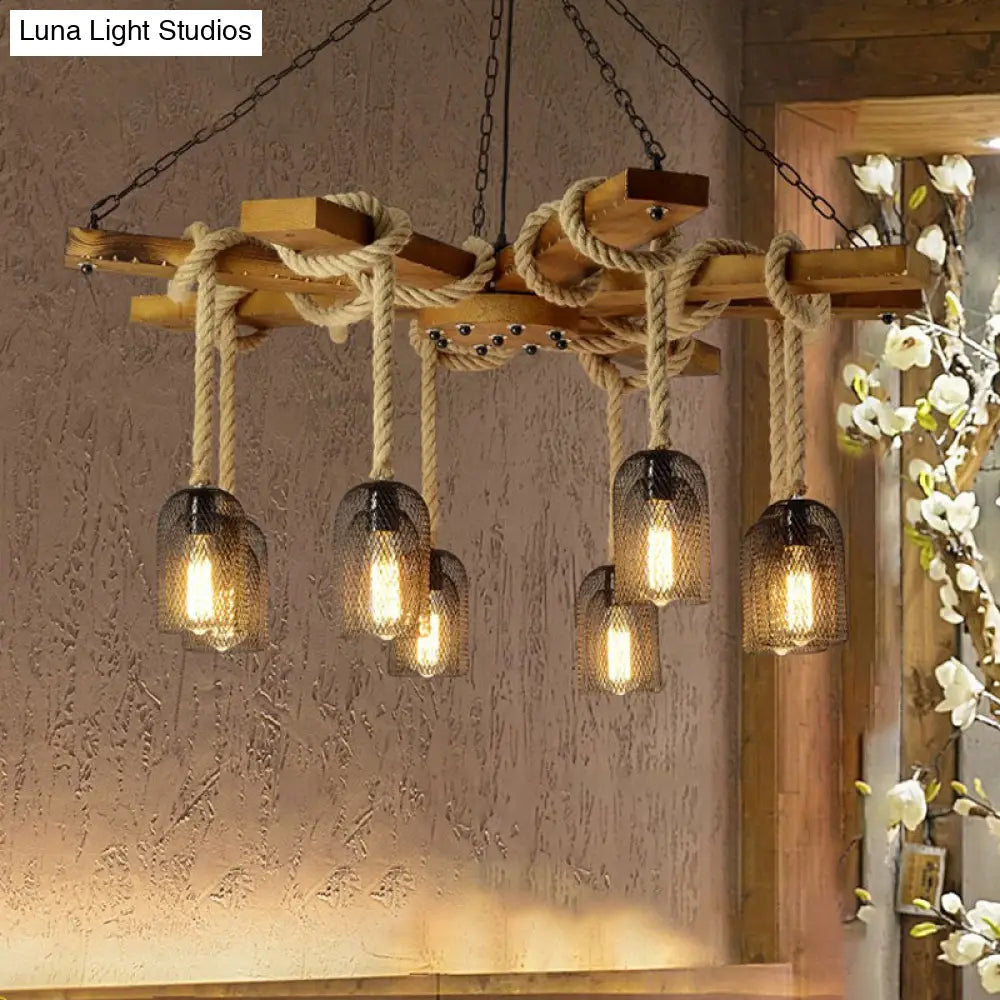 Rustic Caged Dining Room Chandelier Pendant with Retro Metallic Finish - 3/6/8 Lights & Wooden Ceiling Lamp Rope Included