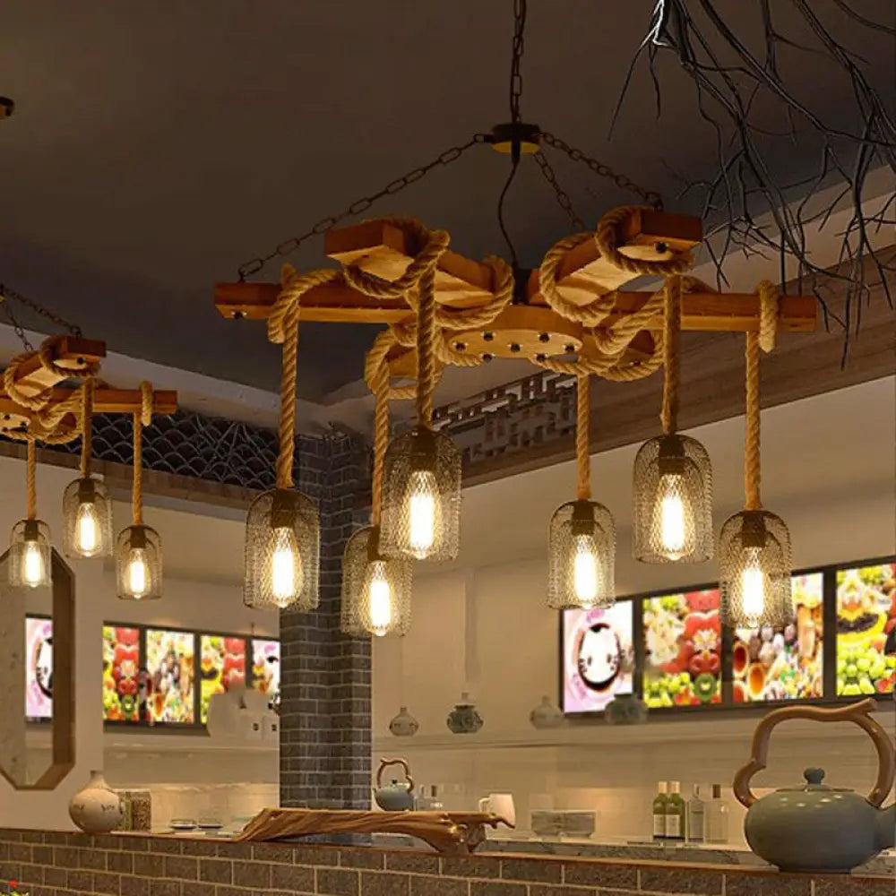 Rustic Caged Dining Room Chandelier Pendant with Retro Metallic Finish - 3/6/8 Lights & Wooden Ceiling Lamp Rope Included
