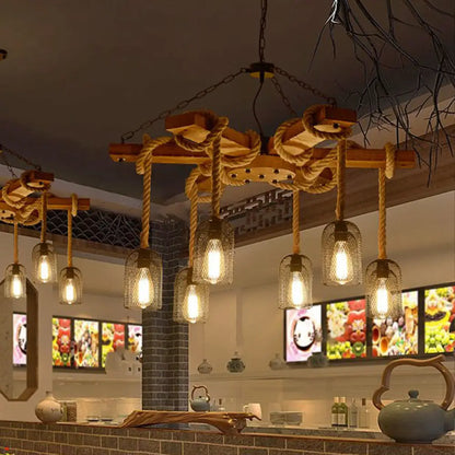 Rustic Caged Dining Room Chandelier Pendant with Retro Metallic Finish - 3/6/8 Lights & Wooden Ceiling Lamp Rope Included