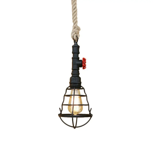 Rustic Caged Pendant Light - Black Metal Hanging Light with Pipe & Rope Cord - Ideal for Bars