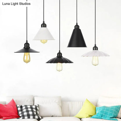 Rustic Ceiling Lamp with Flared Iron Shade for Living Room - Black/White Pendant Light Kit