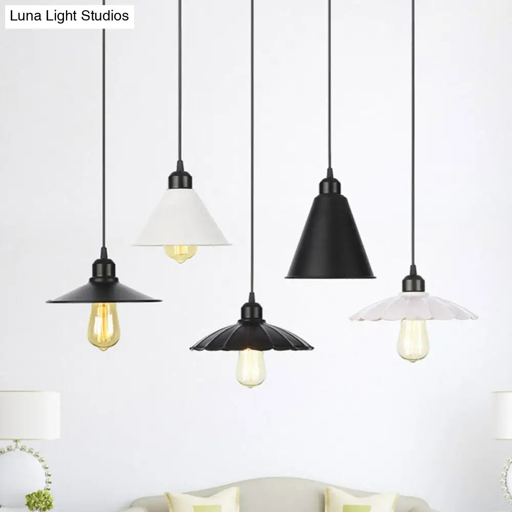 Rustic Ceiling Lamp with Flared Iron Shade for Living Room - Black/White Pendant Light Kit