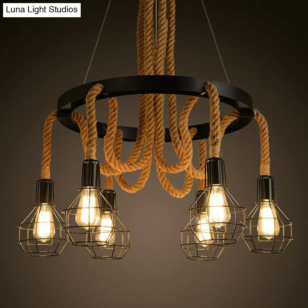 Rustic Circular Iron Pendant Light with Hemp Rope and Cage - 6 Bulb Brown Chandelier for Restaurants