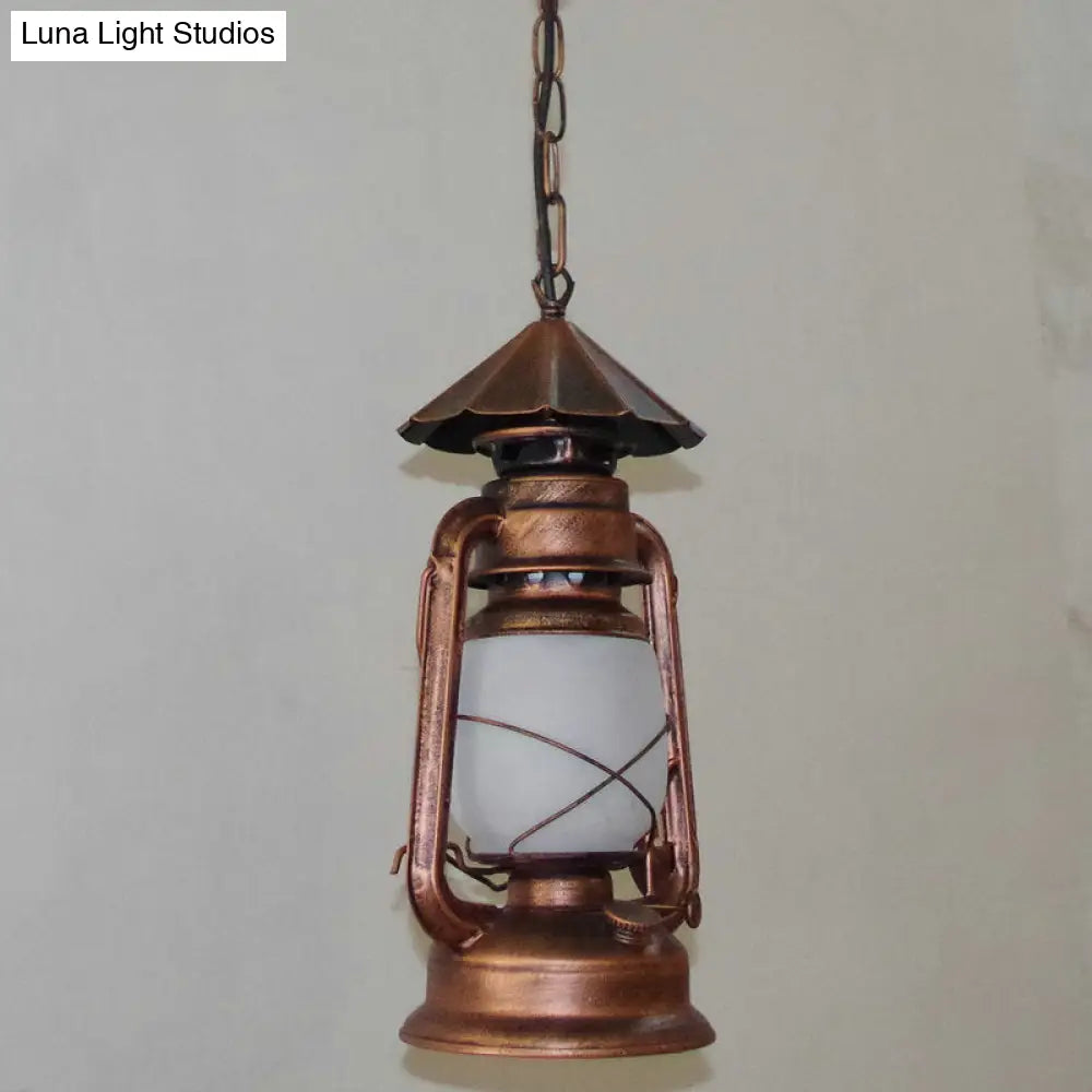 Rustic Clear/Frosted Glass Kerosene Pendant Lamp in Bronze/Copper/Black - 1 Bulb, Dining Room Ceiling Suspension Light