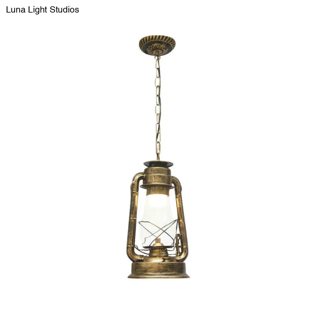 Rustic Clear/Frosted Glass Kerosene Pendant Lamp in Bronze/Copper/Black - 1 Bulb, Dining Room Ceiling Suspension Light