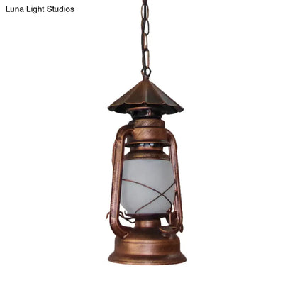 Rustic Clear/Frosted Glass Kerosene Pendant Lamp in Bronze/Copper/Black - 1 Bulb, Dining Room Ceiling Suspension Light