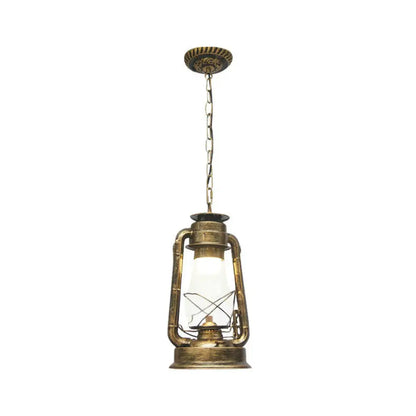 Rustic Clear/Frosted Glass Kerosene Pendant Lamp in Bronze/Copper/Black - 1 Bulb, Dining Room Ceiling Suspension Light