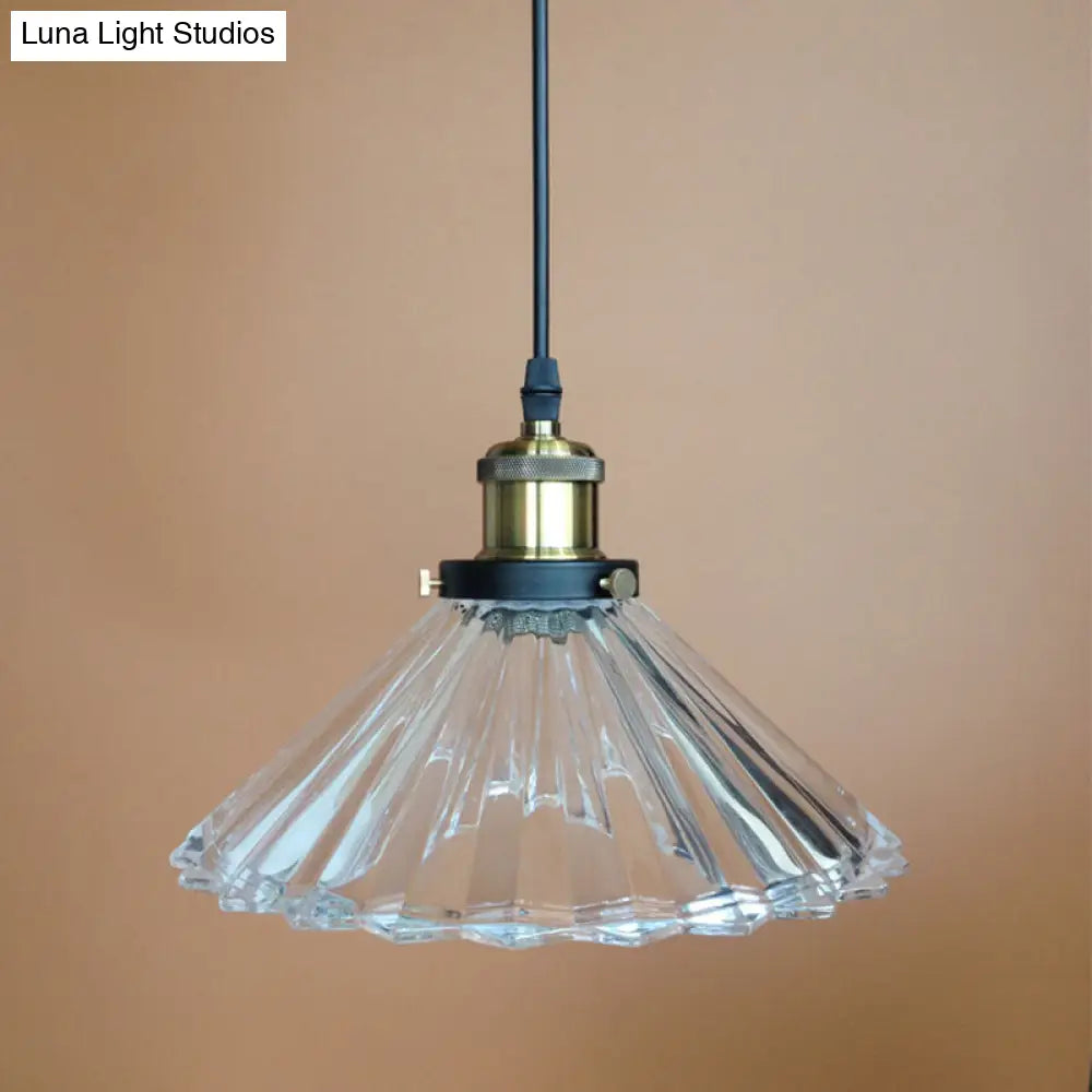 Rustic Clear Ribbed Glass Conical Bedroom Suspension Lamp