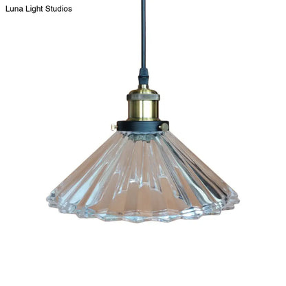 Rustic Clear Ribbed Glass Conical Bedroom Suspension Lamp