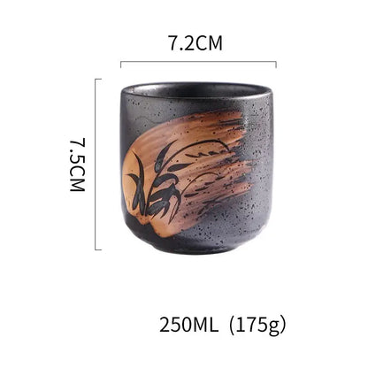 A dark speckled coarse ceramic tea cup with hand-painted copper and black floral design for decorbites coarse ceramic set