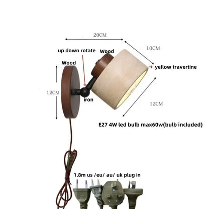 Adjustable wall sconce with wooden base iron joint and yellow travertine shade for rustic concrete and dark wood decorbites led wall use