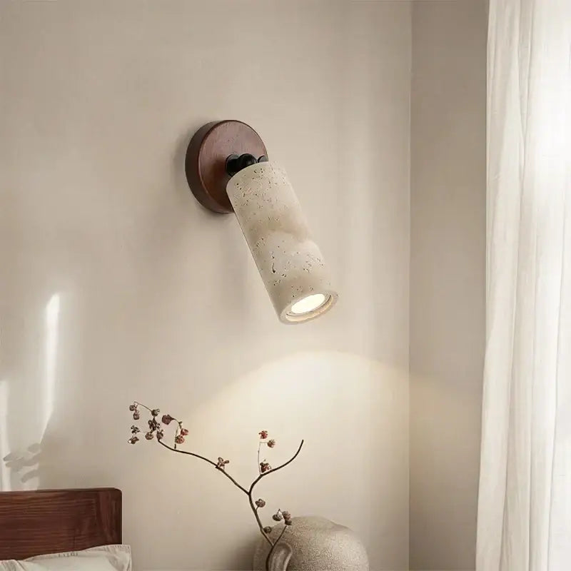 Rustic concrete and dark wood led wall sconce with warm wooden base and off-white shade for bedroom decorbites led wall