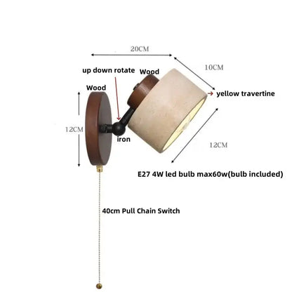 Rustic concrete and dark wood led wall sconce with beige travertine shade and black iron arm for bedroom decorbites led wall sconce