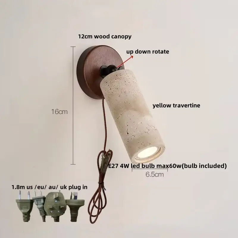Rustic concrete and dark wood led wall sconce with yellow travertine shade and rotating up-down mechanism for bedroom decorbites led wall
