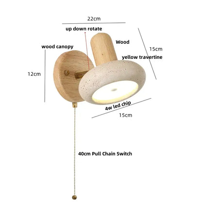 Rustic concrete and dark wood led wall sconce with warm yellow travertine shade and adjustable rotation for bedroom decorbites led wall