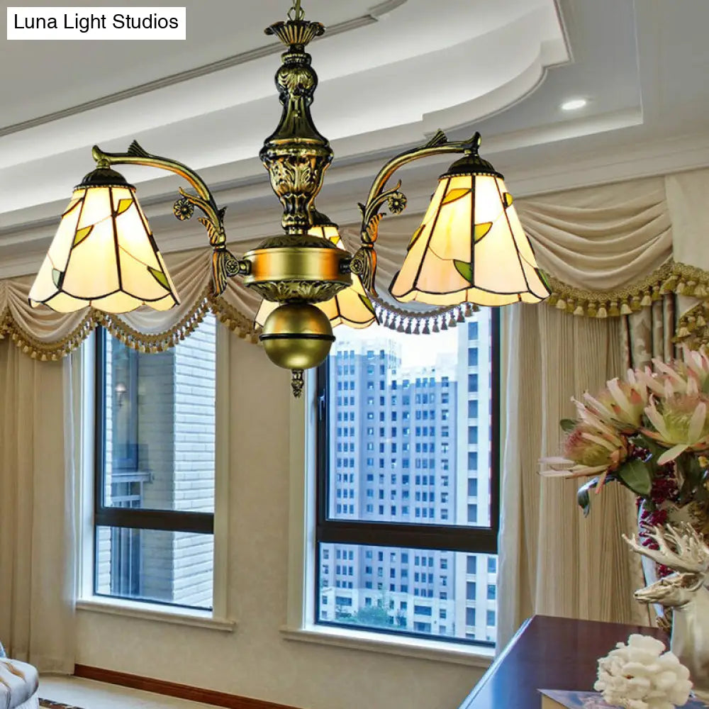 Lámpara de araña rústica de cono con diseño de hojas - 3 luces de cristal beige