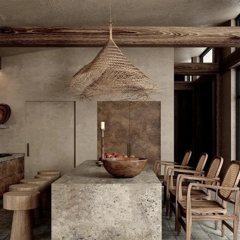 A rustic conical woven twig bamboo led pendant light made of natural fibers hangs for dining room decorbites bamboo led