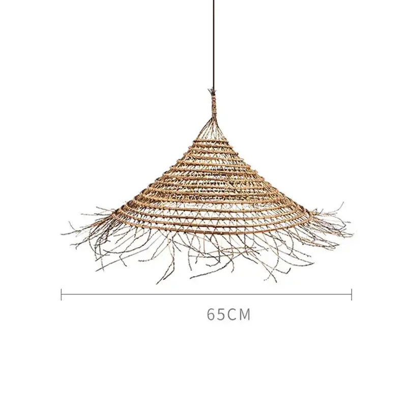 Rustic conical woven twig bamboo led pendant light in natural beige with fringed edges for dining room decorbites bamboo led pendant