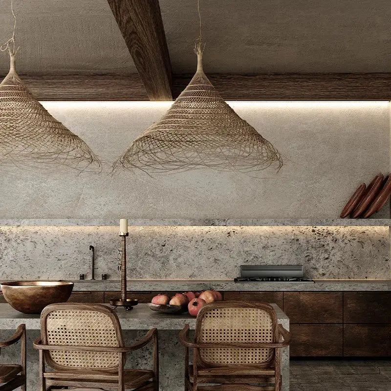 Two rustic conical woven bamboo led pendant lights hang from ceiling for dining room decorbites bamboo led pendant