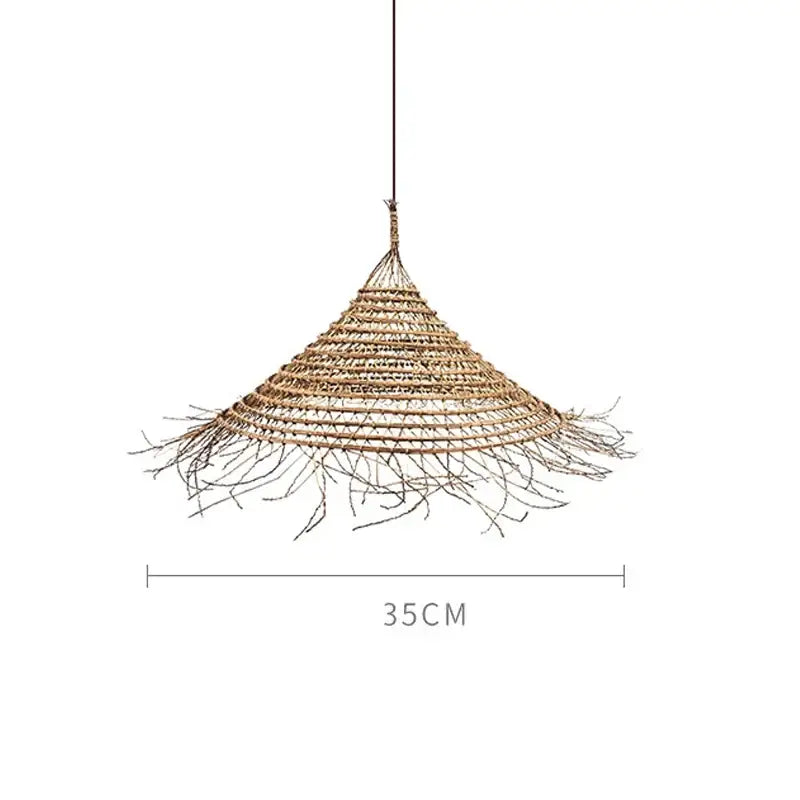 Rustic conical woven twig bamboo led pendant light in natural beige with frayed straw fringe for dining room decorbites bamboo led