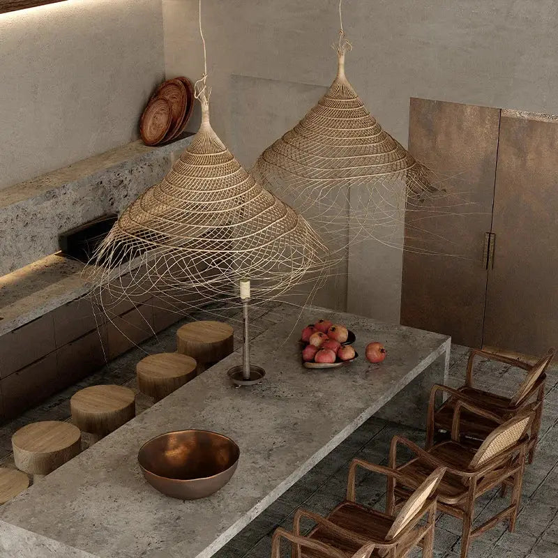 Two rustic conical woven bamboo led pendant lights hang from the ceiling ideal for dining room decorbites bamboo led