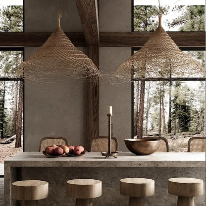 Two natural beige conical woven bamboo led pendant lights with intricate rattan design for dining room decorbites bamboo led