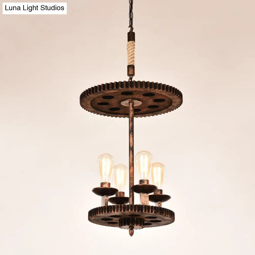 Rustic Copper Pendant Lamp - 4-Light Farmhouse Chandelier with Exposed Bulbs & Gear Deco