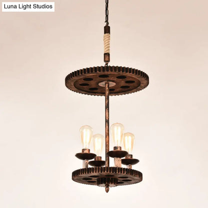 Rustic Copper Pendant Lamp - 4-Light Farmhouse Chandelier with Exposed Bulbs & Gear Deco