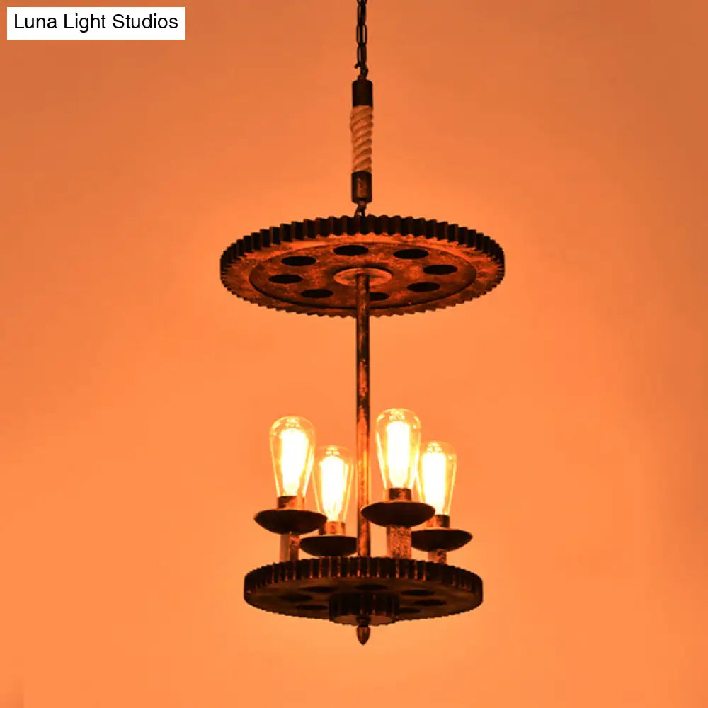 Rustic Copper Pendant Lamp - 4-Light Farmhouse Chandelier with Exposed Bulbs & Gear Deco