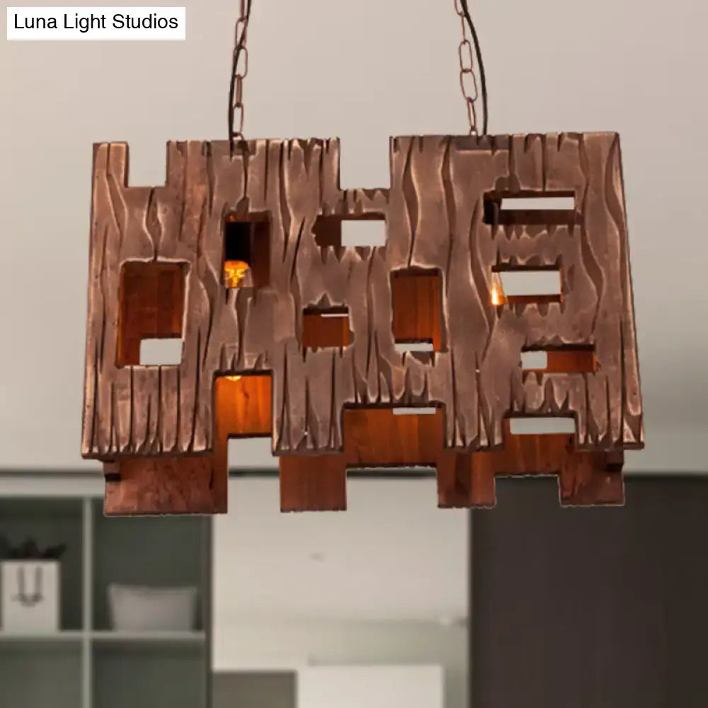 Rustic copper restaurant island chandelier with geometric castle design and cut-out windows for dining room island lighting