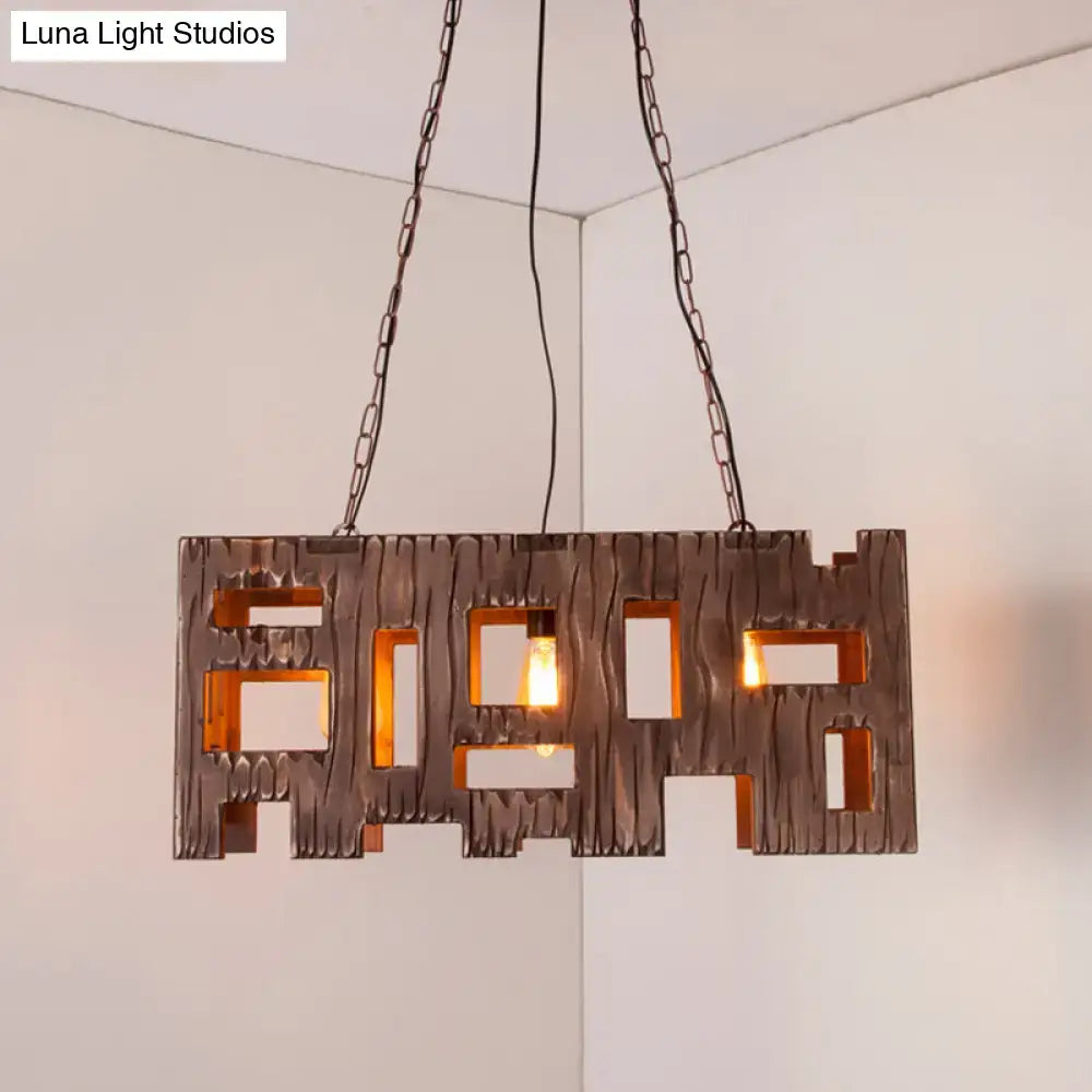 Rustic copper rectangular restaurant island chandelier with bronze textured metal and retro pixelated design exposed bulbs