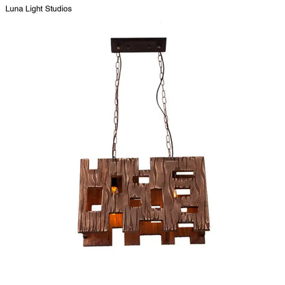 Rustic bronze metal pendant island chandelier with textured wood-like design and cut-out patterns for restaurant island use