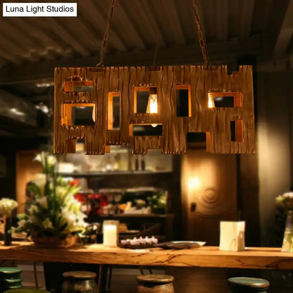 Rustic copper rectangular wooden restaurant island chandelier with cut-out square and rectangle openings hanging from chains