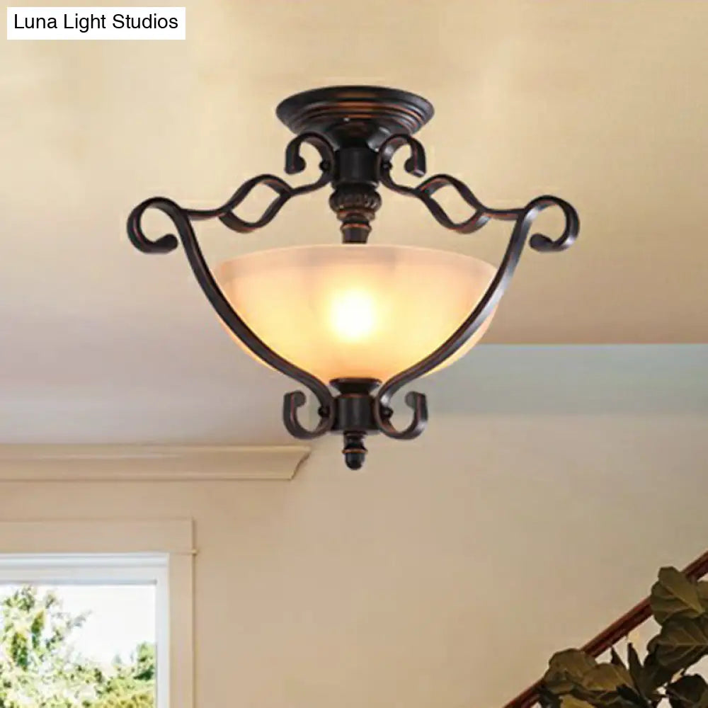 DecorBites™ DecorBites™ Rustic Copper Semi Flush Ceiling Light with Iron Scrolled Design and Beige Glass Shade